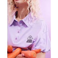 【兔八哥联名】妖精的口袋polo领紫色T恤女2020夏新款泡泡袖上衣