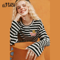 【小熊维尼联名】妖精的口袋印花条纹T恤女2020秋季宽松长袖上衣