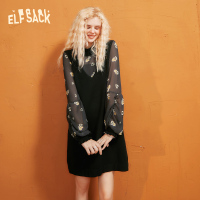 【新款】妖精的口袋拼接雪纺连衣裙女2020秋v领显瘦气质针织裙子