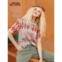 【小熊维尼联名】妖精的口袋菱格短袖针织衫女2020秋新款宽松上衣