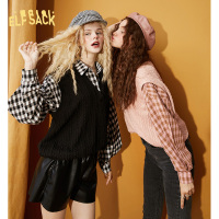 【新款】妖精的口袋格纹连衣裙针织衫套装女2020秋马甲宽松两件套