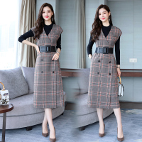 【COMEACROSS】双排扣潮流拼接气质格子休闲时尚2018年秋季毛呢连衣裙套装/套裙