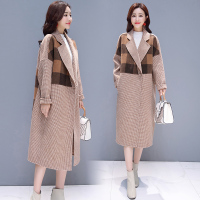 【COMEACROSS】优雅拼接长款格子毛呢大衣外套西装领2018新款时尚大气