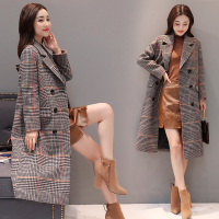 【COMEACROSS】长袖2018年冬季长款双排扣西装领甜美格子毛呢外套舒适修身纯色