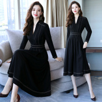 【COMEACROSS】连衣裙2018年秋季图案长袖显瘦修身百搭潮流简约个性时尚V领