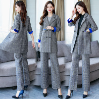 【COMEACROSS】2018年秋季套装/套裙气质优雅格子长袖双排扣西装领阔腿裤