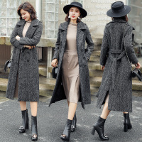 【COMEACROSS】秋季新款韩版中长款西装领格纹过膝风衣女装长袖大衣呢子外套