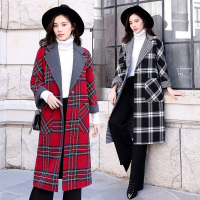 【COMEACROSS】2018秋冬新款翻领格子口袋长袖时尚百搭潮流长款毛呢外套