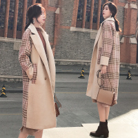 【COMEACROSS】毛呢外套羊毛格子纯色双排扣插肩袖2018年冬季长袖中长款直筒口袋