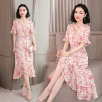 【COMEACROSS】V领长袖宽松套头简约2019年夏季印花百搭连衣裙