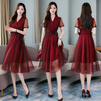 【COMEACROSS】连衣裙2019年夏季气质V领纯色中长款雪纺纱连衣裙优雅知性轻熟范儿