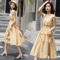 【COMEACROSS】2019年夏季时尚潮流舒适连衣裙格子高腰套头中长款