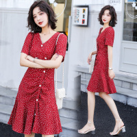 【COMEACROSS】V领中腰单排扣短袖2019年夏季百褶裙雪纺圆点连衣裙