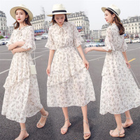 【COMEACROSS】2019清甜系淑女春日印花长裙浪漫百褶雪纺碎花连衣裙女