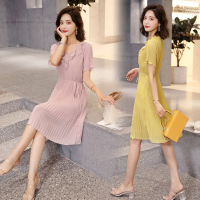 【COMEACROSS】2019年夏季圆领时尚舒适纯色中腰气质淑女中长款