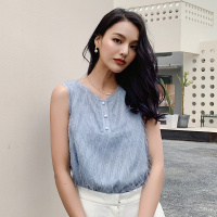 【COMEACROSS】2019夏季新款女式小衫时尚百搭无袖半开胸纯色衬衫女