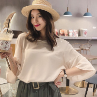 【COMEACROSS】女式T恤2019夏季新款时尚V领纯色喇叭袖T恤女百搭