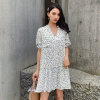 【COMEACROSS】2019夏季新款时尚植物印花拼接个性连衣裙女