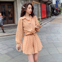 【COMEACROSS】波点雪纺衬衫套装女夏薄款休闲小香风短裤三件套