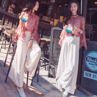 【COMEACROSS】时尚碎花飞飞袖雪纺衫+高腰潮流大脚裤