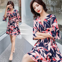 【COMEACROSS】花色连衣裙宽松妈妈装V领显瘦连衣长裙套装