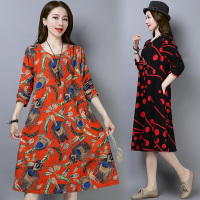 【COMEACROSS】2019年春季上新款中长款长袖常规宽松腰花色舒适时尚连衣裙
