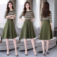 【COMEACROSS】针织上衣条纹长袖一字领修身显瘦半身裙两件套2019秋季套装