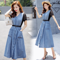 【COMEACROSS】中长款时尚潮流舒适连衣裙2019年夏季质V领蕾丝牛仔连衣裙