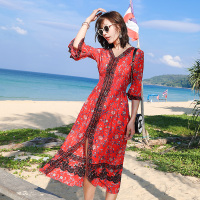 【COMEACROSS】百搭个性潮流舒适纯色2019年春季高腰花色中长款连衣裙