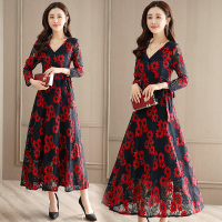 【COMEACROSS】V领长袖2018年春季套头高腰连衣裙舒适气质长裙显瘦