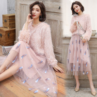 【COMEACROSS】圆领长袖优雅韩版简约褶皱半身裙2019年春季套装