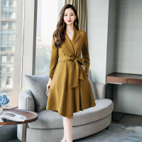 【COMEACROSS】蝴蝶结潮流拼接时尚气质收腰2019春季纯色中长款不规则下摆