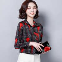 【COMEACROSS】印花仿真丝缎面衬衫女长袖2019春装新款百搭修身大码韩版衬衣