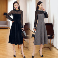 【COMEACROSS】拼接X型蕾丝拉链长裙长袖2019年春季单件圆领格子连衣裙