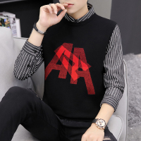 【COMEACROSS】秋季男士假两件格子衬衫领毛衣背心男韩版潮流打底衫