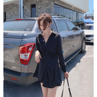 【秀衣记】法式复古夏季小众设计感长袖不规则衬衫黑色短裙连衣裙
