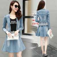 【秀衣记】2019年秋季套装/套裙韩版百搭甜美长袖纯色牛仔外套+纯色半身裙