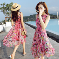 【秀衣记】花边领无袖时尚气质韩版收腰植物花卉花色连衣裙2019年夏季潮流