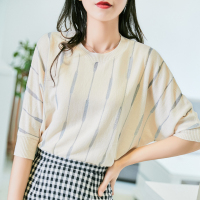 【秀衣记】宽松时尚慵懒风蝙幅衫女竖条纹亮丝针织衫镂空套头上衣2019早秋