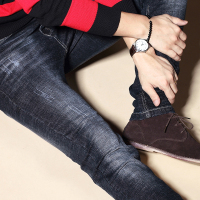 【秀衣记】秋冬款修身小脚牛仔长裤高弹力全棉纯黑猫须男裤