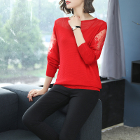 【COMEACROSS】针织衫网纱拼接优雅圆领长袖百搭秋季针织衫