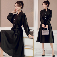 【COMEACROSS】2019年春季大摆型单件插肩袖立领通勤纯色黑色A型松紧腰酒红色