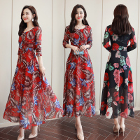 【COMEACROSS】春装新款雪纺印花修身长裙大码女连衣裙