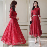 【COMEACROSS】蕾丝时尚袖口长款连衣裙2019年秋季潮流气质优雅简约腰带