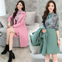 【COMEACROSS】套装/套裙2019年秋季纯色毛呢外套包裙优雅甜美植物花卉打底小衫