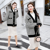 【秀衣记】小香风外套女2019秋冬装宽松名媛千鸟格编织粗花中长款大衣时尚