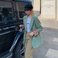 【秀衣记】2019秋冬新款原创设计牛油果绿时尚格纹拼色时尚休闲短款西装