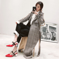 【秀衣记】春秋季长袖中长款直筒口袋蝴蝶结常规系带西装领格子风衣