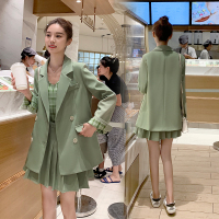 【秀衣记】2019年秋季新款格子西装外套+吊带+百褶半身裙网红潮流三件套套装