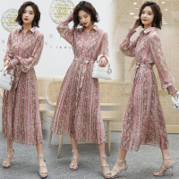 【秀衣记】2019年春季时尚气质连衣裙POLO领中腰一粒扣百褶裙